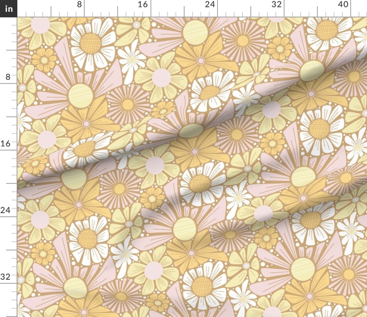 Retro Hippy Floral Yellow Flowers Flower Power Bohemian Sunshine Large Scale Custom Printed Fabric by Spoonflower Various Fabrics by the Yard or Fat Quarter